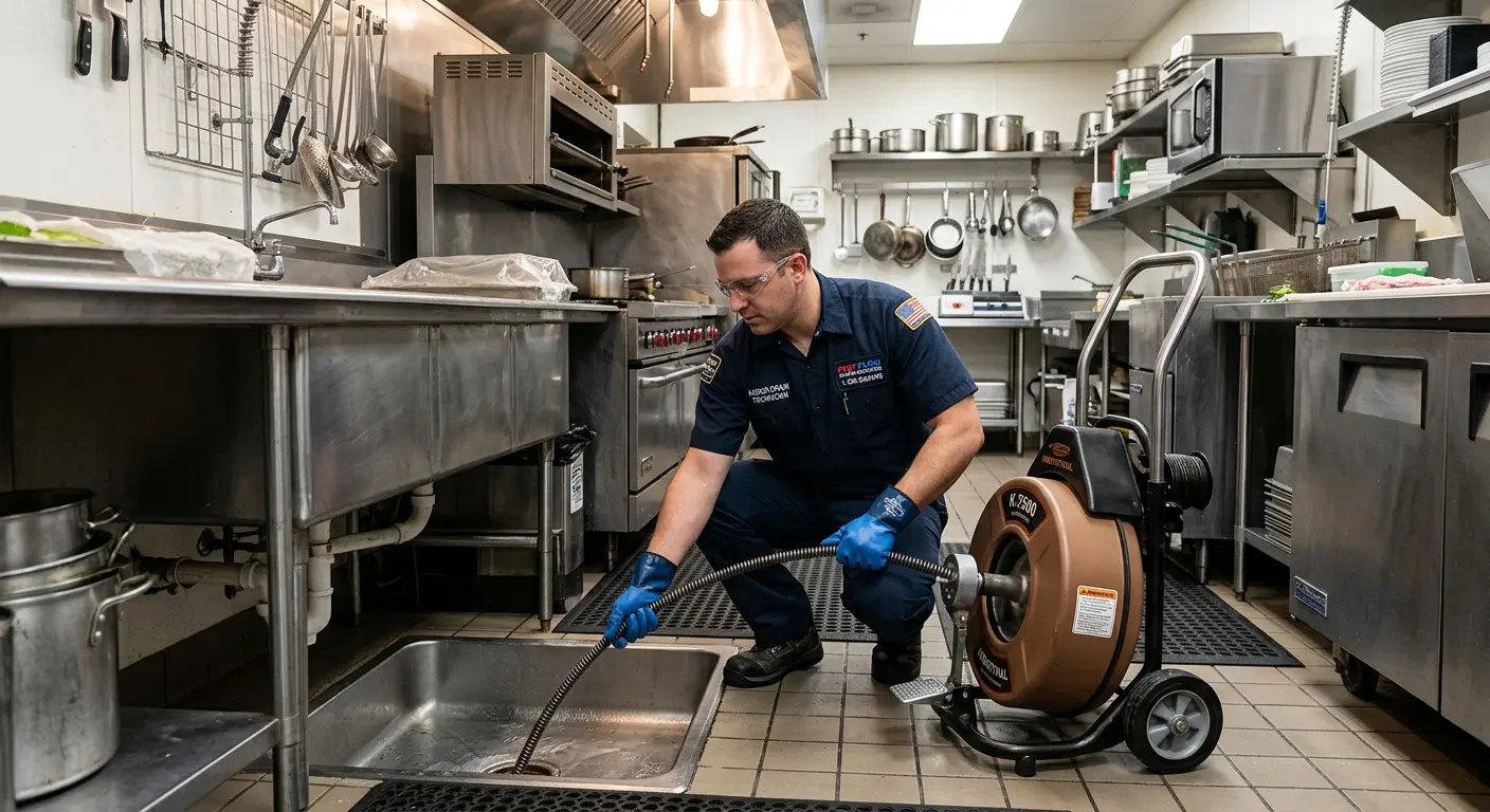 Commercial drain cleaning service in a restaurant kitchen in Unity