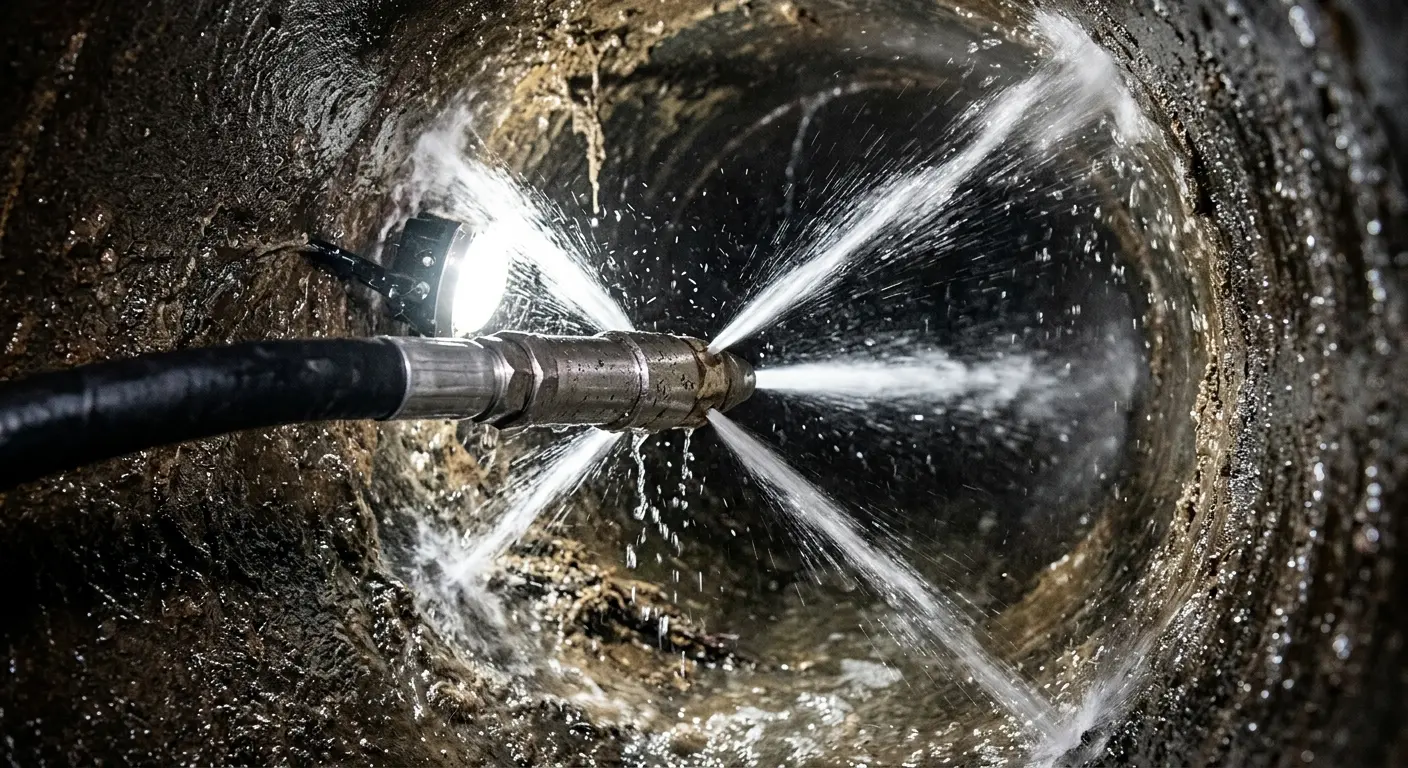 High-pressure hydro jetting nozzle cleaning sewer pipe for Sewer Line Relining in Unity