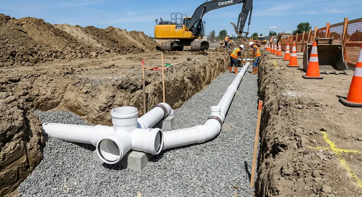 New PVC sewer pipe installation in open trench for Sewer Backup in Unity