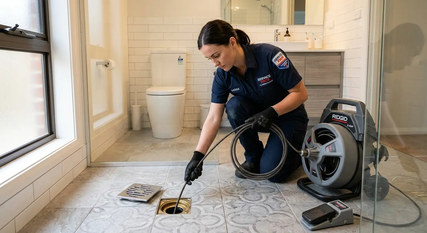 Technician clearing a bathroom floor drain for Drain Cleaning in Unity